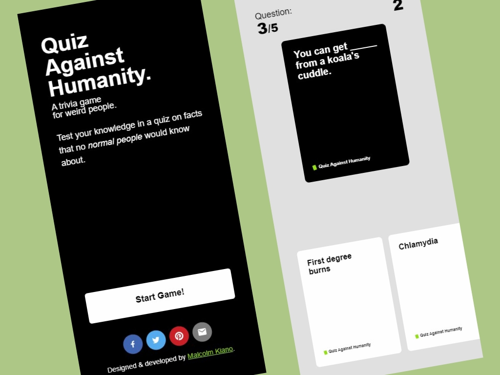 Screenshots of the Quiz against Humanity App