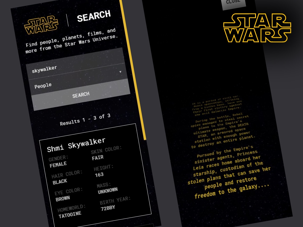 Screenshots of the Star Wars Search Web App